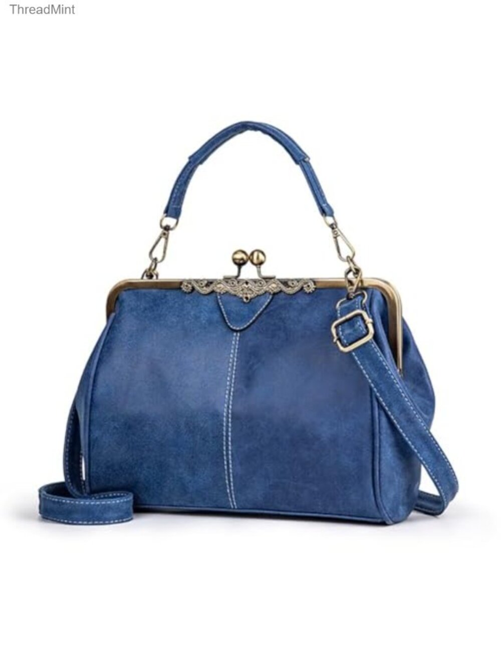 Vegan Leather Satchel Handbag Kiss Lock Top Handle Crossbody Bag